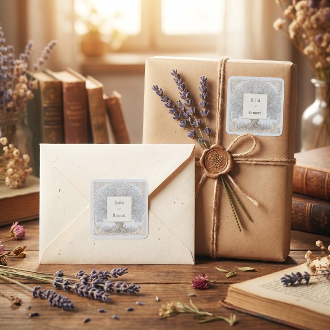 Slate Blue Baroque Gnarled Tree Frame Wedding Square Sticker (Creator Uploaded)