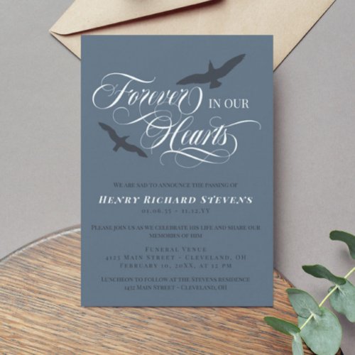 Slate Blue Birds Forever In Our Hearts Funeral Invitation