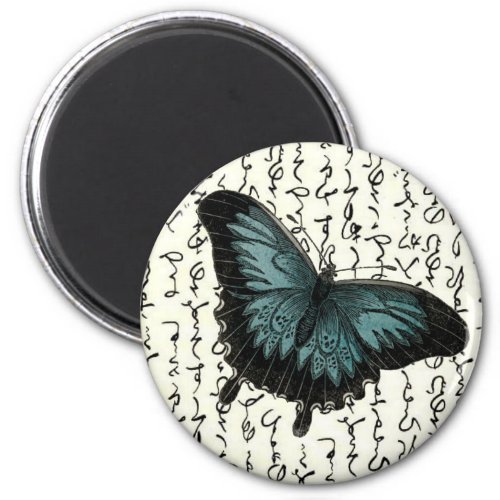 Slate Blue  Black Butterfly on Asian Writing Magnet