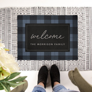 Slate Blue & Black Plaid Personalized Welcome Doormat