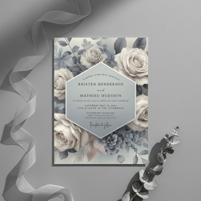 Slate Blue Bloom Ethereal Wedding Invitation (Creator Uploaded)