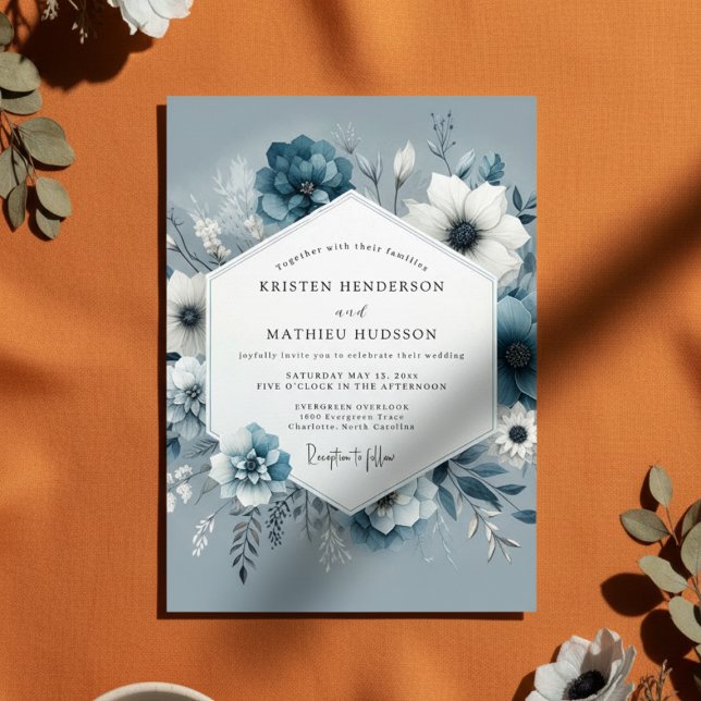 Slate Blue Bloom Romance Wedding Invitation (Creator Uploaded)
