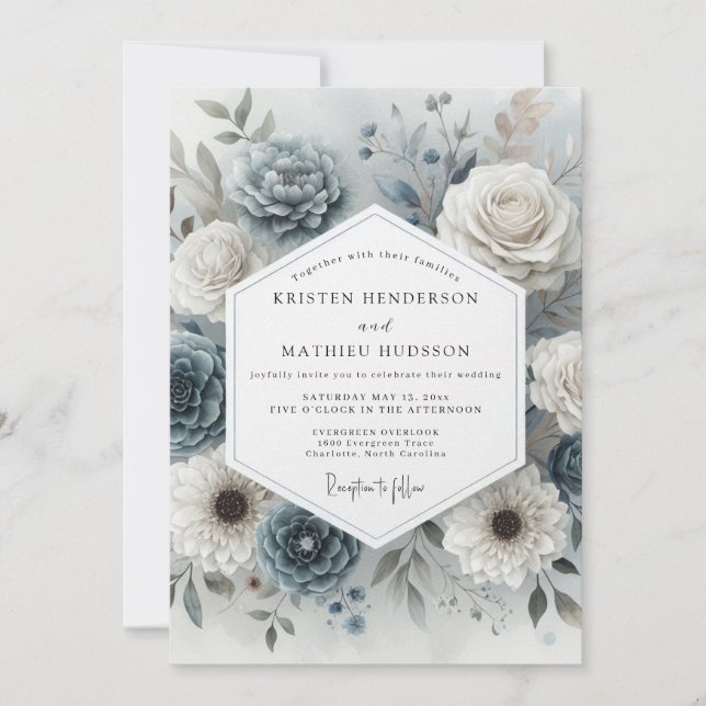 Slate Blue Bloom Romance Wedding Invitation (Front)