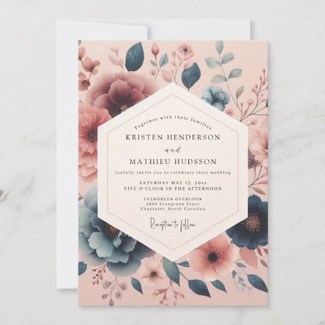 Slate Blue Blush Bloom Wedding Invitation (Front)