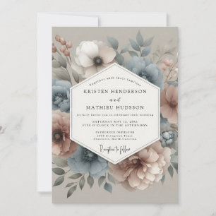 Slate Blue Blush Hazy Bloom Wedding Invitation