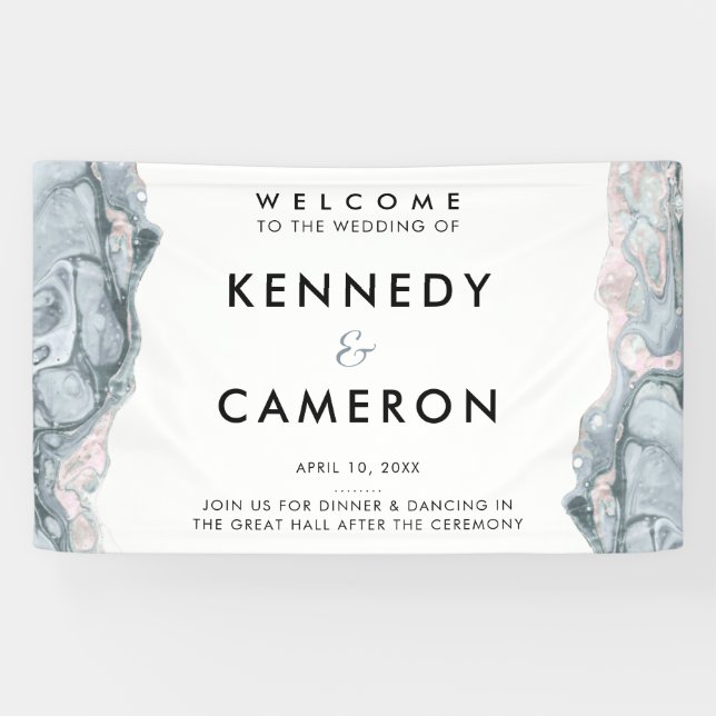 Slate Blue & Blush Pink Minimalist Marble Welcome Banner (Horizontal)