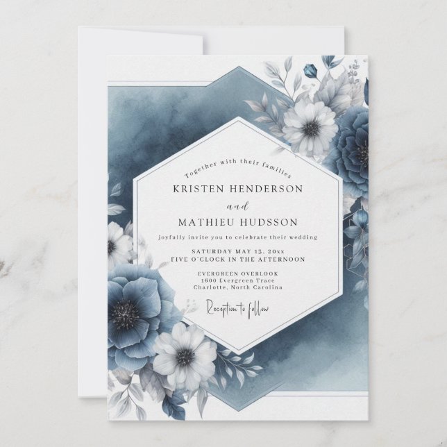 Slate Blue Botanical Elegance Wedding Invitation (Front)