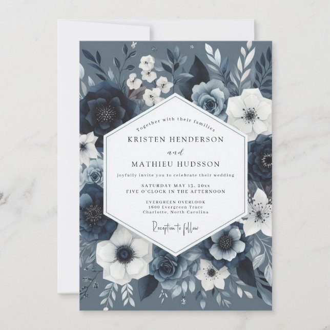 Slate Blue Botanical Romance Wedding Invitation (Front)