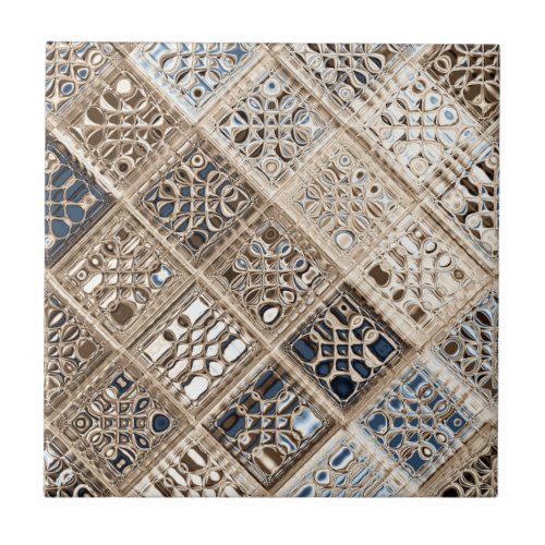 Slate Blue Brown Sari Mosaic Pattern Art Ceramic Tile