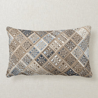 Slate Blue Brown Sari Mosaic Pattern Art Lumbar Pillow