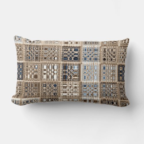 Slate Blue Brown Sari Mosaic Pattern Art Lumbar Pillow