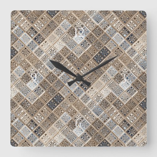 Slate Blue Brown Sari Mosaic Pattern Art Square Wall Clock