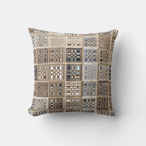 Slate Blue Brown Sari Mosaic Pattern Art Throw Pillow