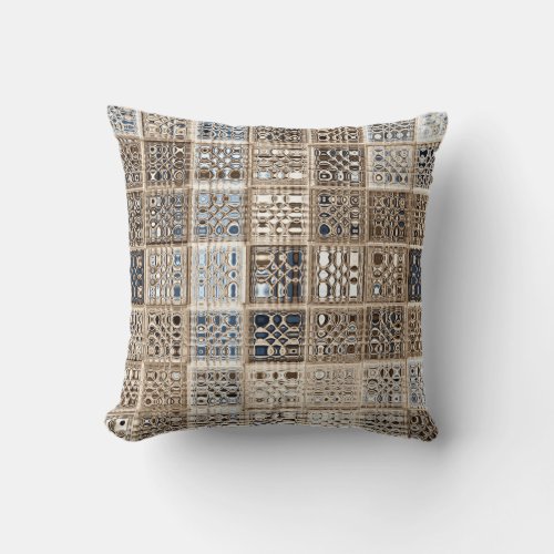 Slate Blue Brown Sari Mosaic Pattern Art Throw Pillow