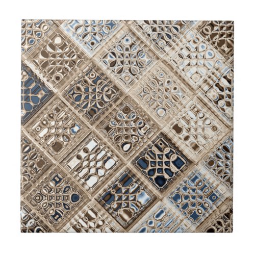 Slate Blue Brown Sari Mosaic Pattern Art Tile