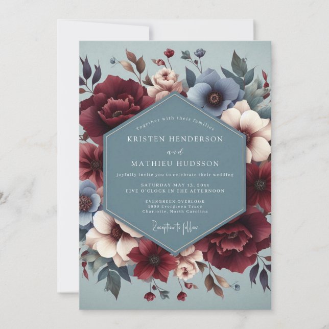 Slate Blue Burgundy Bloom Wedding Invitation (Front)