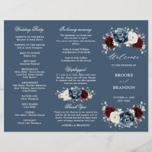 Slate Blue Burgundy Boho Wedding Tri-Fold Program