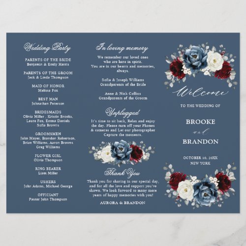 Slate Blue Burgundy Boho Wedding Tri_Fold Program 