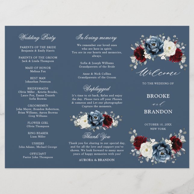 Slate Blue Burgundy Boho Wedding Tri-Fold Program  (Front)
