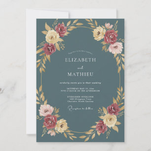 Slate Blue Burgundy Floral Wedding Invitation