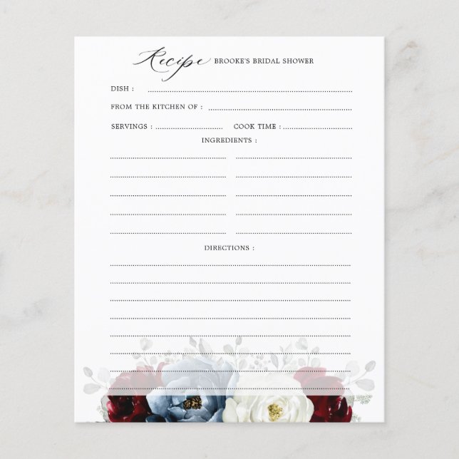 Slate Blue Burgundy  Ivory  Bridal Shower Recipe   (Front)