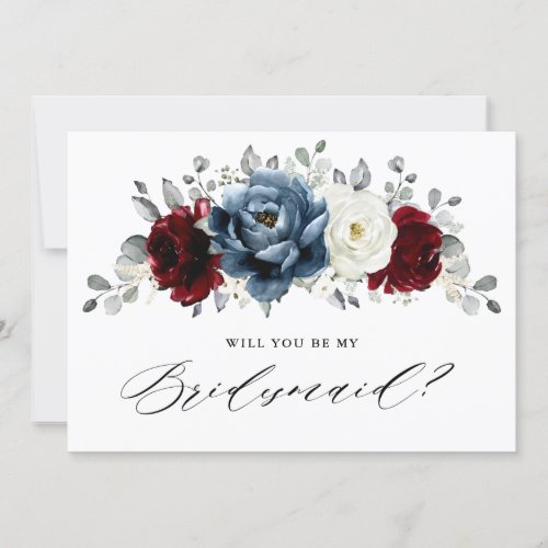 Slate Blue Burgundy Ivory Bridesmaids Proposal     Invitation