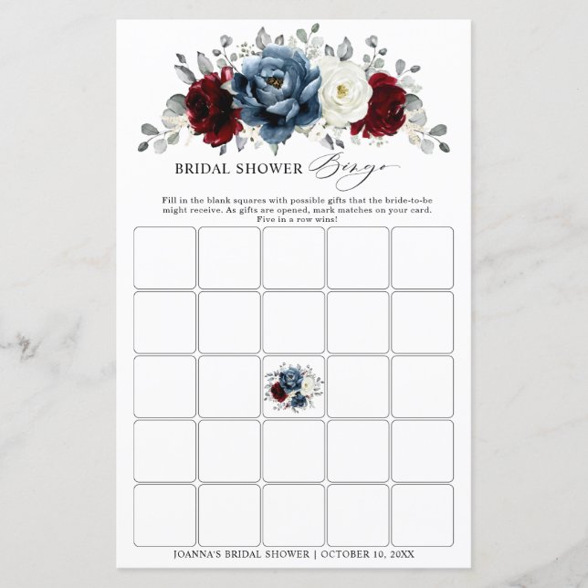 Slate Blue Burgundy Ivoty Boho Bridal Shower Bingo (Front)