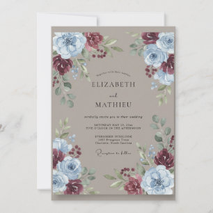 Slate Blue Burgundy Watercolor Wedding Invitation