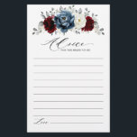 Slate Blue Burgundy White Bridal Shower Advice<br><div class="desc">Slate,  Burgundy,  White ivory themed floral bridal shower advice card featuring elegant bouquet of burgundy,  slate,  dusty blue,  ivory roses and peony flowers and dusty green eucalyptus leaves. Please contact me for any help in customization or if you need any other product</div>