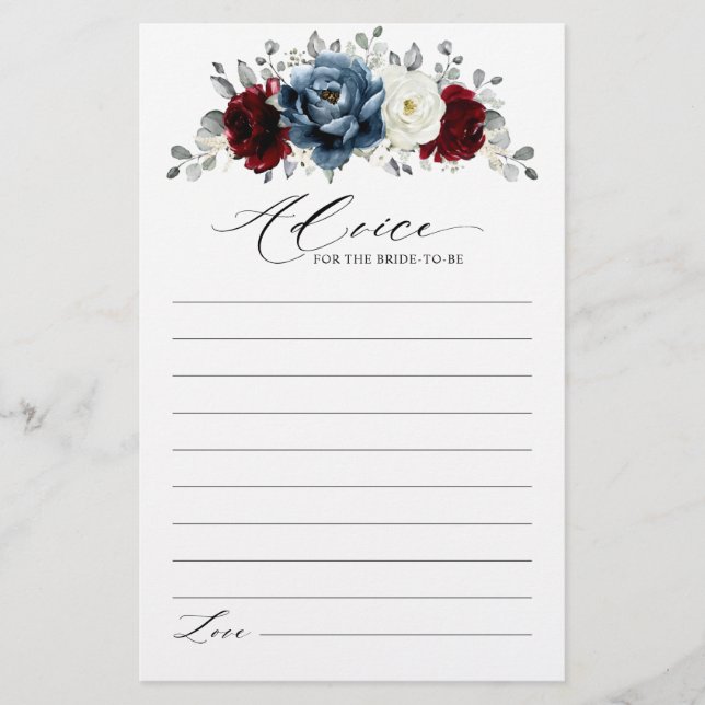 Slate Blue Burgundy White Bridal Shower Advice (Front)