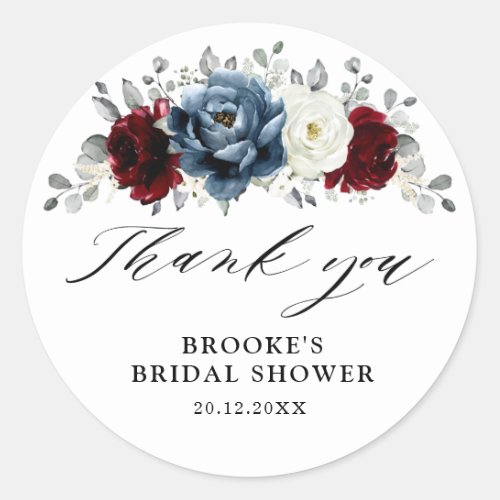 Slate Blue Burgundy White Bridal Shower Thank you Classic Round Sticker