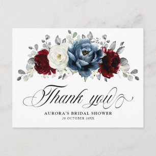 Slate Blue Burgundy White Bridal Shower Thank You Postcard