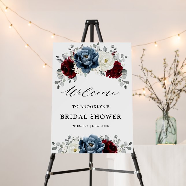 Slate Blue Burgundy White  Bridal Shower Welcome   Foam Board (In Situ (Stand))