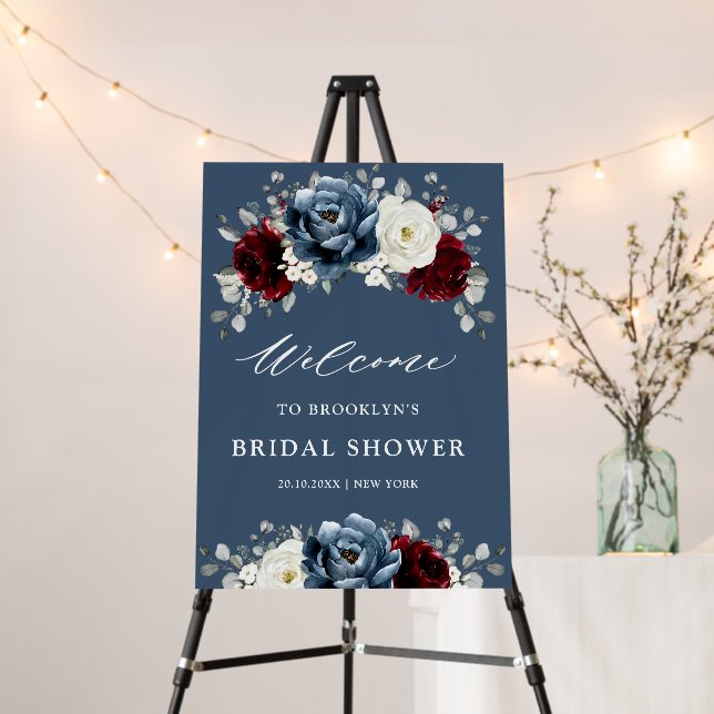 Slate Blue Burgundy White  Bridal Shower Welcome   Foam Board (In Situ (Stand))