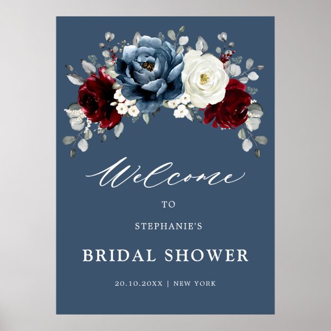 Slate Blue Burgundy White Bridal Shower Welcome Po Poster (Front)