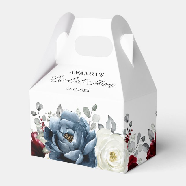 Slate Blue Burgundy White Ivory Boho Bridal Shower Favor Boxes (Back Side)
