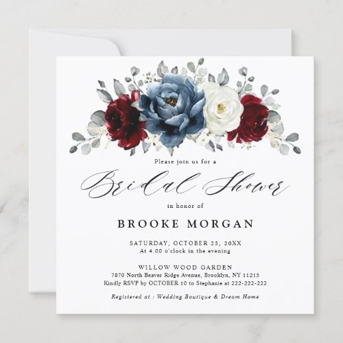 Slate Blue Burgundy White Ivory Boho Bridal Shower Invitation