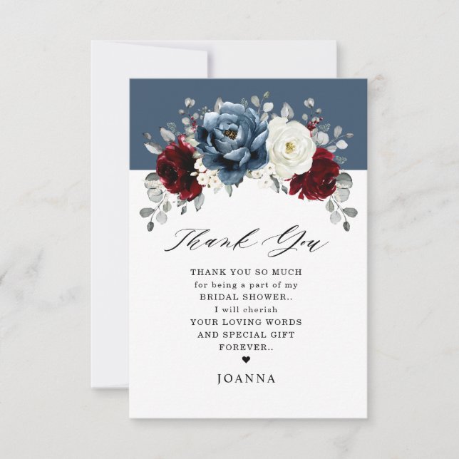 Slate Blue Burgundy White Ivory Boho Bridal Shower Thank You Card (Front)