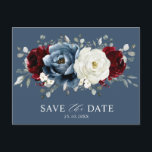 Slate Blue Burgundy White Ivory Boho Save the Date Postcard<br><div class="desc">Slate,  Burgundy,  White ivory themed floral save the date postcard featuring elegant bouquet of burgundy,  slate,  dusty blue,  ivory roses and peony flowers and dusty green eucalyptus leaves. Please contact me for any help in customization or if you need any other product</div>