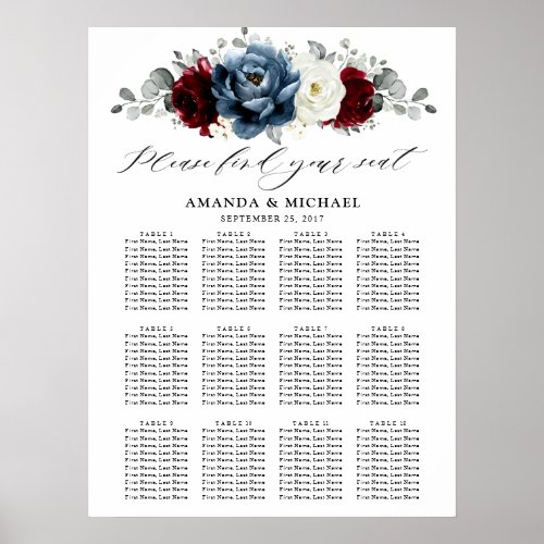 Slate Blue Burgundy White Ivory Boho Seating Chart