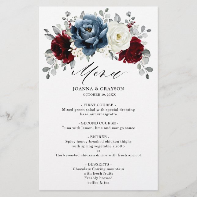 Slate Blue Burgundy White Ivory Boho Wedding Menu  (Front)