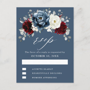 Slate Blue Burgundy White Ivory Boho Wedding RSVP Postcard
