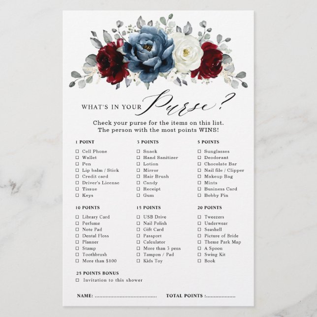 Slate Blue Burgundy White Ivory Bridal Shower Game (Front)