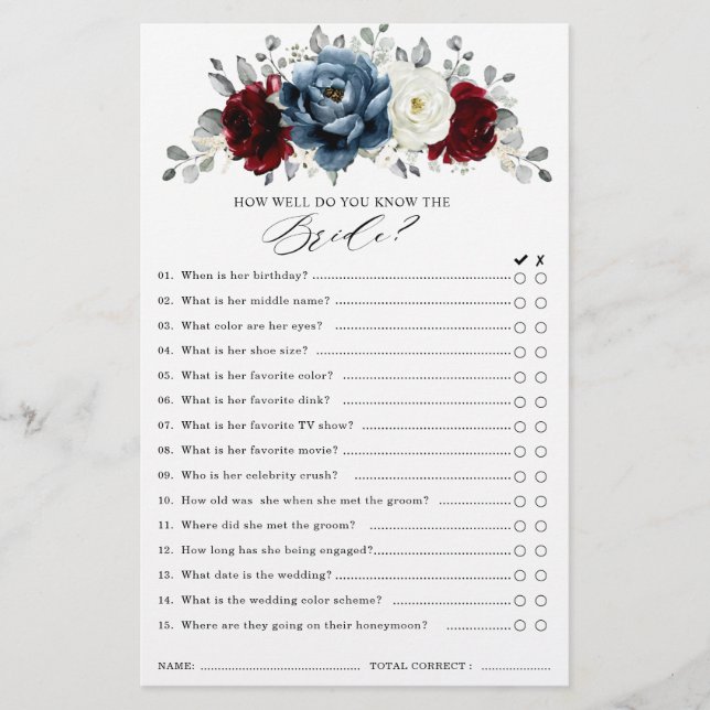 Slate Blue Burgundy White Ivory Bridal Shower Game (Front)