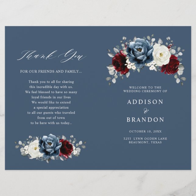 Slate Blue Burgundy White Ivory Floral  Program (Front)