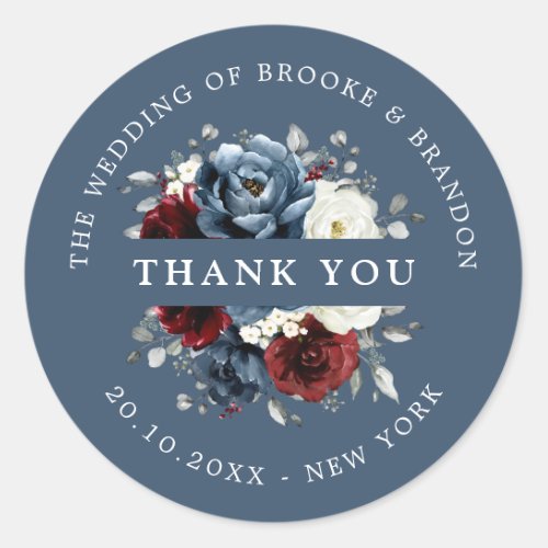 Slate Blue Burgundy White Ivory Floral Thank you C Classic Round Sticker