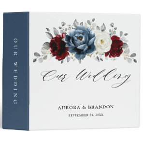 Slate Blue Burgundy White Ivory Floral Wedding  3 Ring Binder