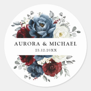 Slate Blue Burgundy White Ivory Floral Wedding Classic Round Sticker