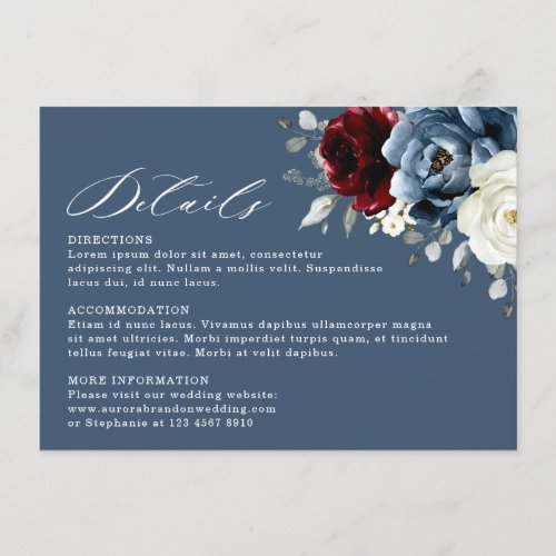 Slate Blue Burgundy White Ivory Floral Wedding  En Enclosure Card