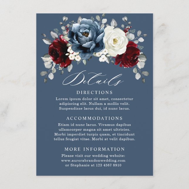 Slate Blue Burgundy White Ivory Floral Wedding  En Enclosure Card (Front)